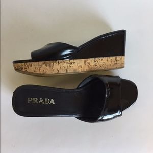 Prada Black Patent Leather Cork Wedge Sandals